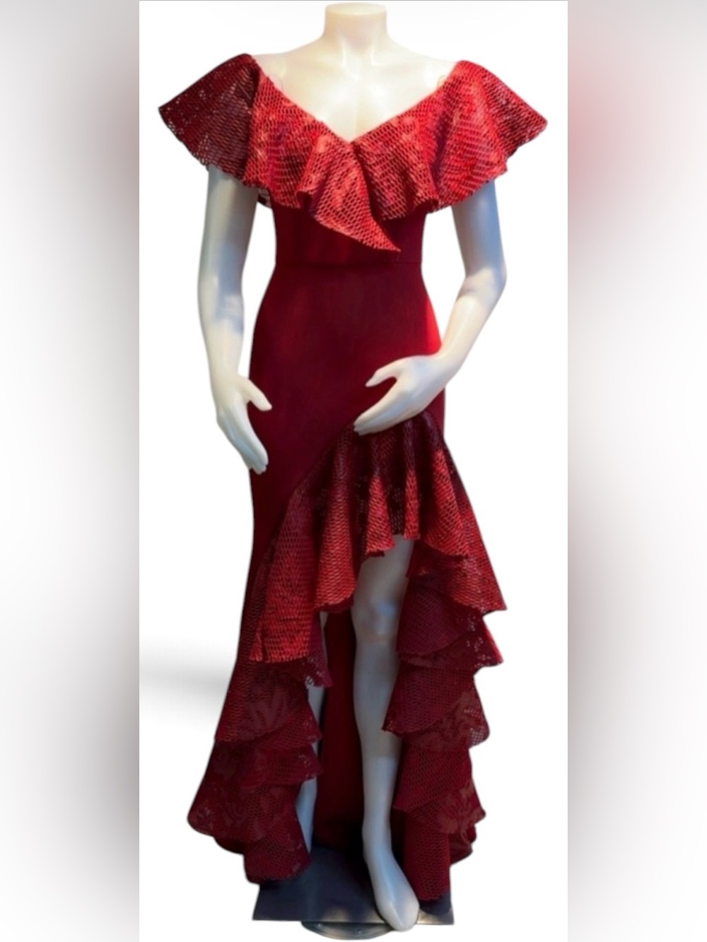 Red High Low Dress Chic Off-Shoulder